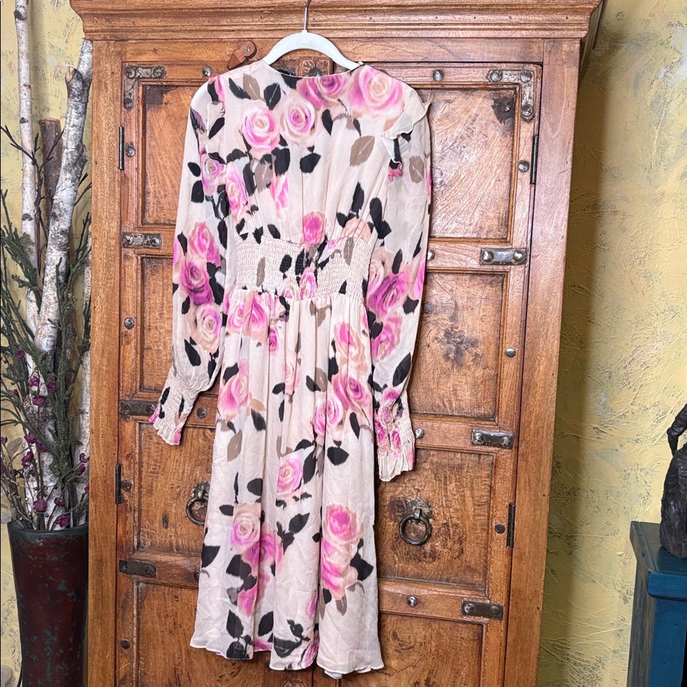 Pinko blooms smocked dress in pink roses ruffles flowy midi feminine Sz 2 - Picture 4 of 15